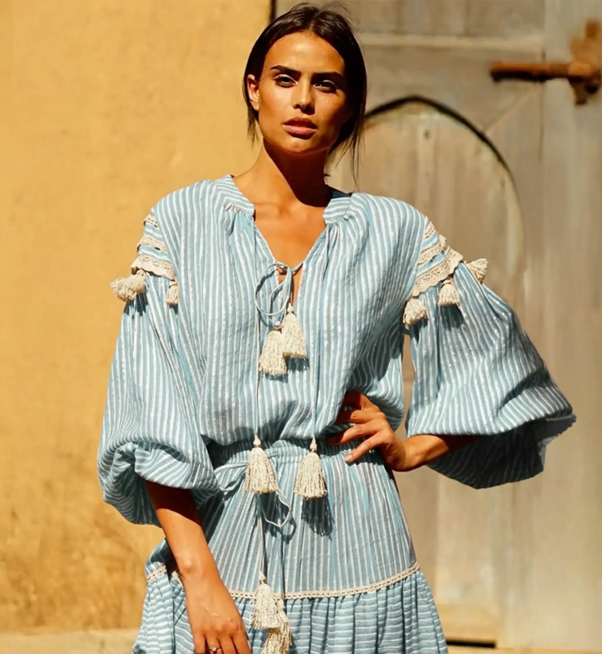 LYLLA Blouse – Blue or Red – Cotton/Lurex – Long Sleeve – Bohemian – Miss June Paris