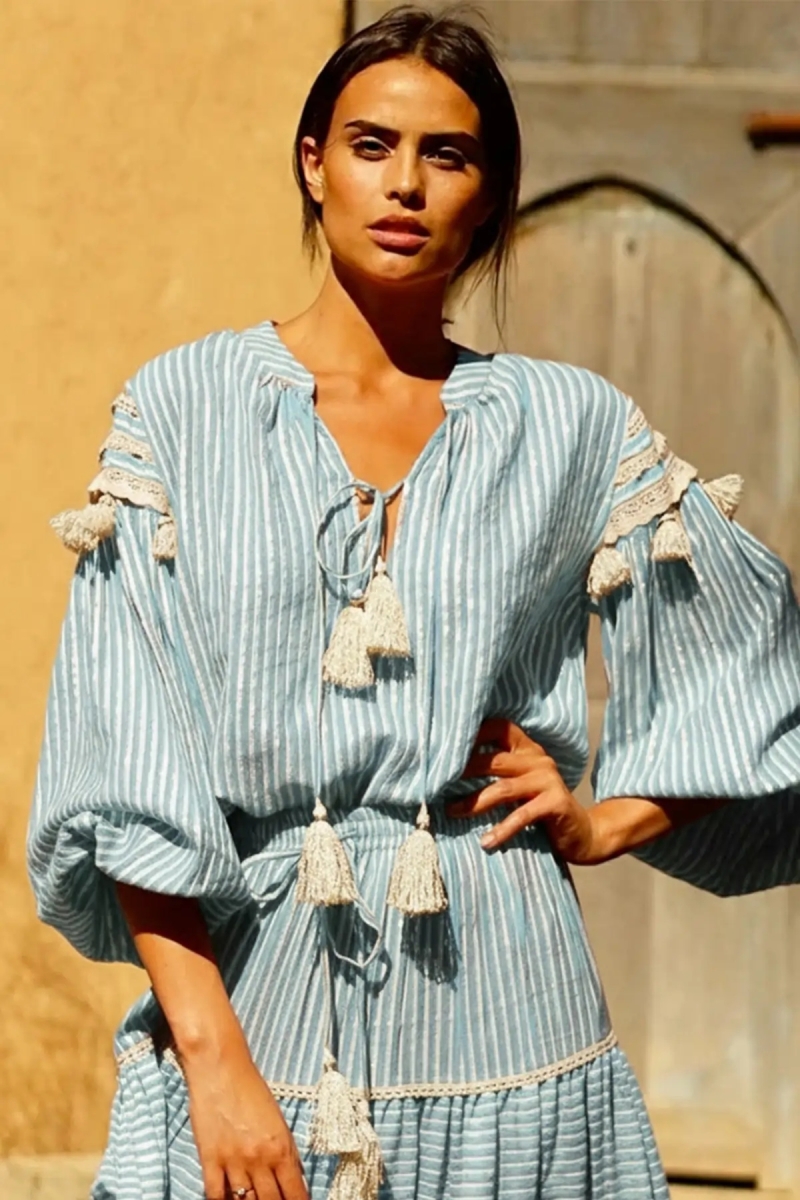 LYLLA Blouse – Blue or Red – Cotton/Lurex – Long Sleeve – Bohemian – Miss June Paris