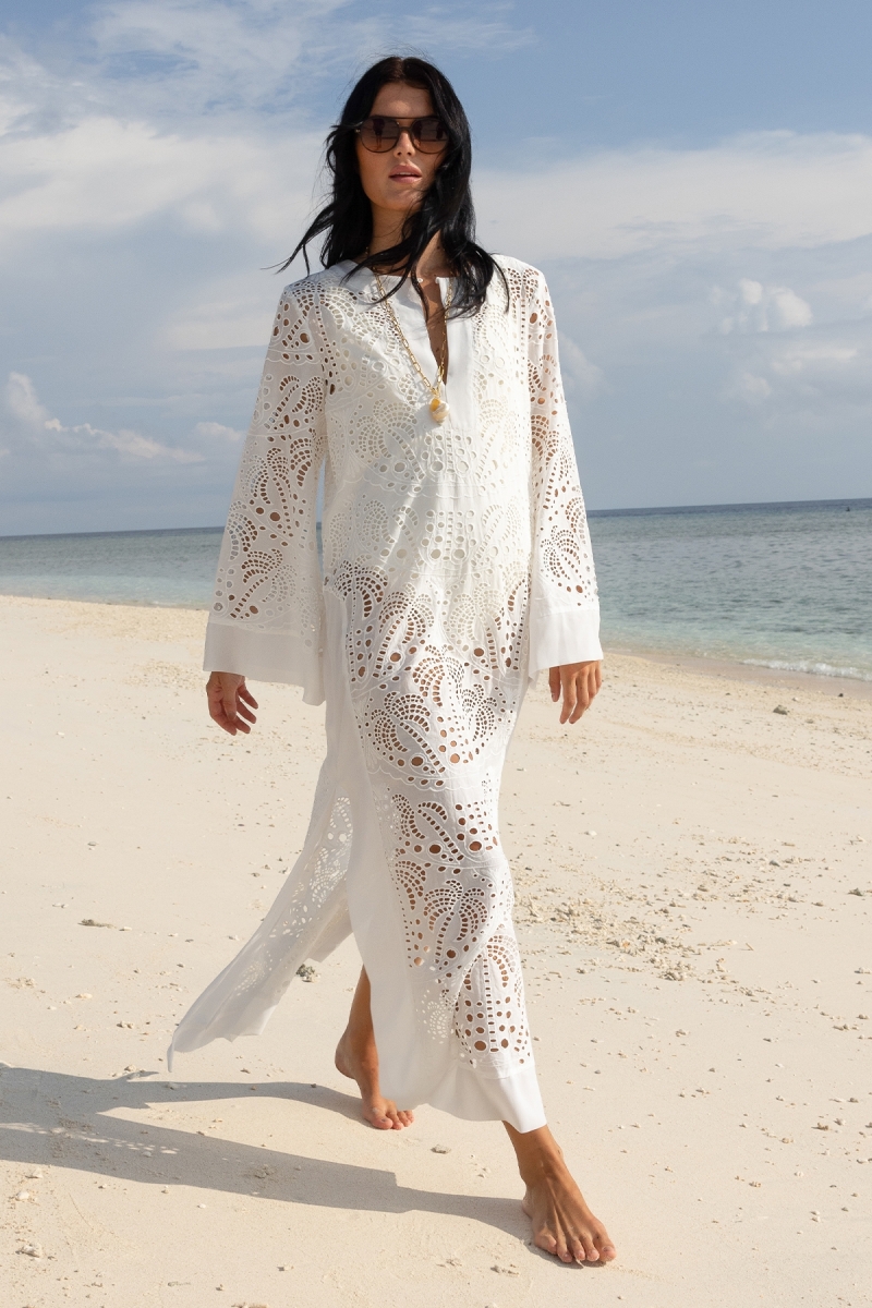 Vestido longo Amara - branco - 100% crepe de poliéster - estampado de palmeiras - Miss June Paris - 1