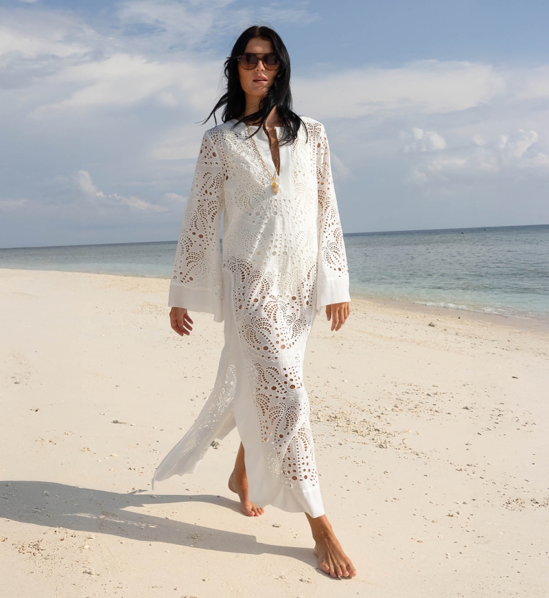 Vestido longo Amara - branco - 100% crepe de poliéster - estampado de palmeiras - Miss June Paris - 1