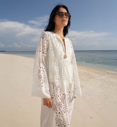 Vestido largo Amara - blanco - 100% crepé de poliéster - estampado de palmeras - Miss June Paris - 2