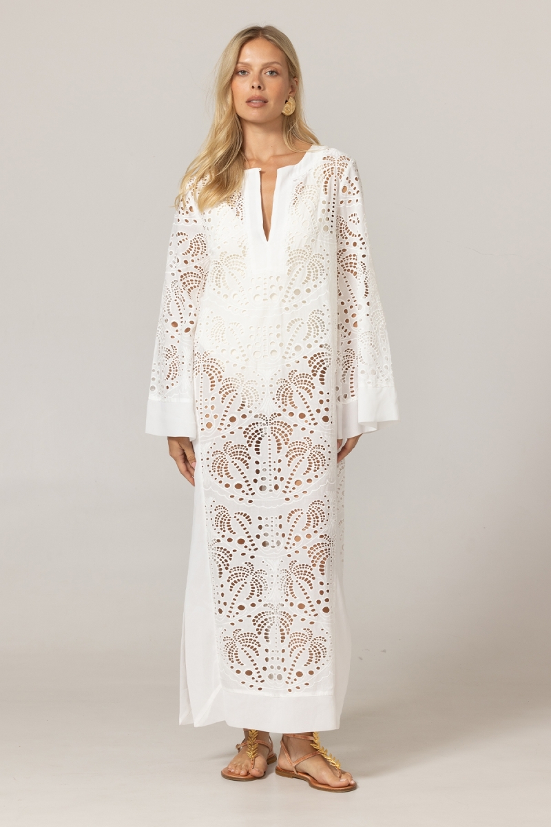 Vestido longo Amara - branco - 100% crepe de poliéster - estampado de palmeiras - Miss June Paris - 3