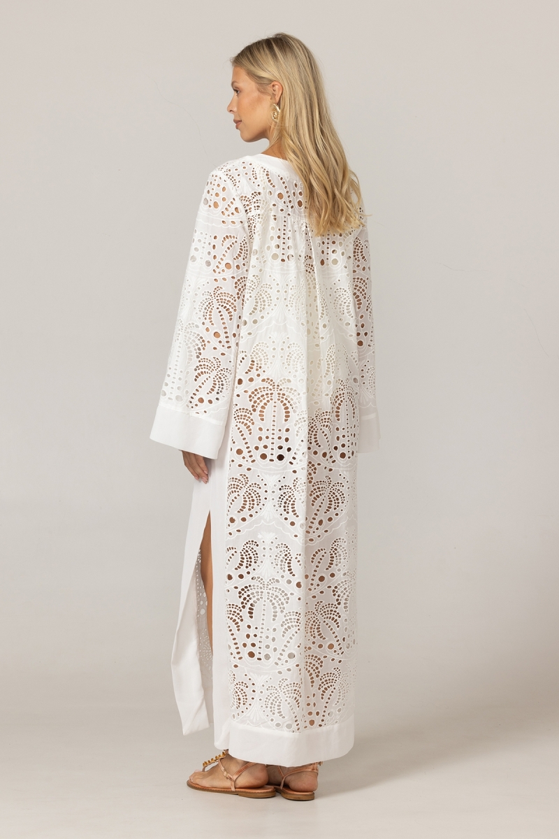 Vestido longo Amara - branco - 100% crepe de poliéster - estampado de palmeiras - Miss June Paris - 4