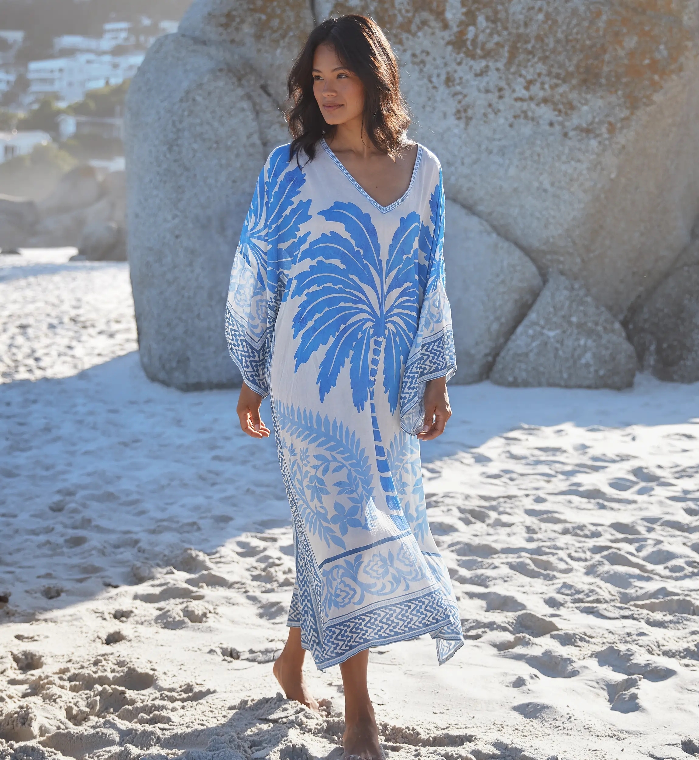 Rhoda Caftan – Long-Sleeve Printed Modal Caftan with Embroidery, 100% Modal – Miss June Paris