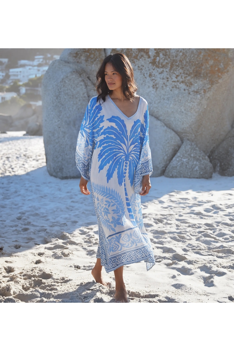 Caftan Rhoda – Caftan longo de mangas compridas em modal estampado com bordados, 100% modal – Miss June Paris