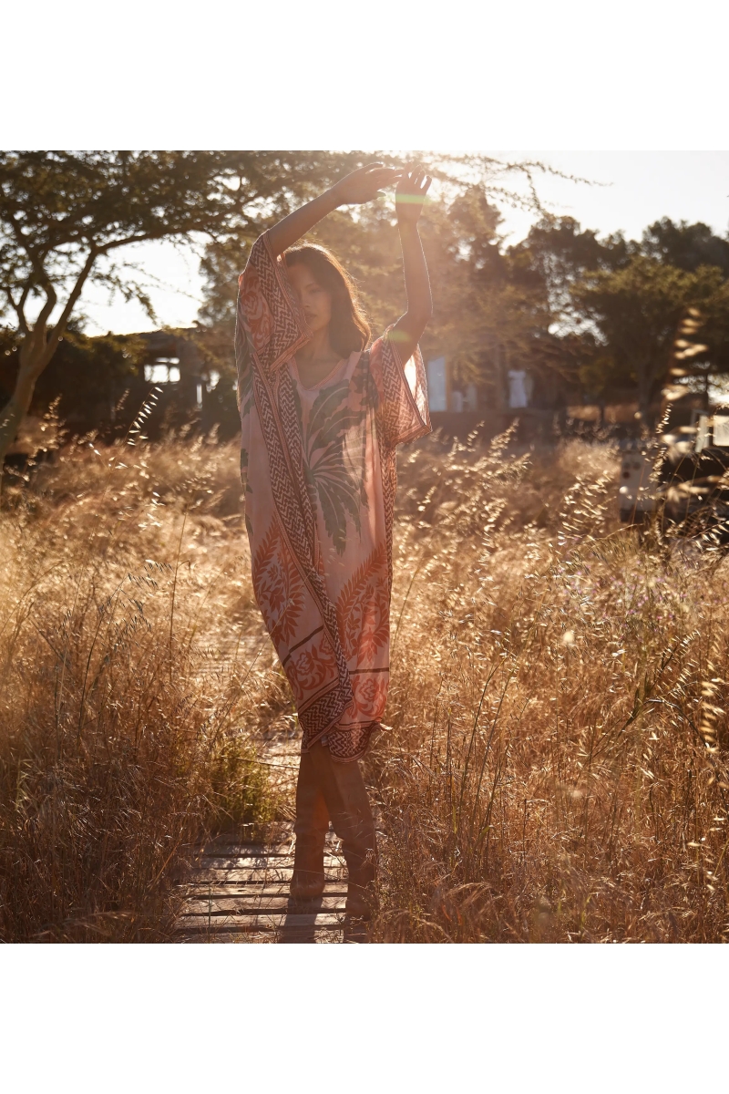 Caftan Rhoda – Caftan longo de mangas compridas em modal estampado com bordados, 100% modal – Miss June Paris