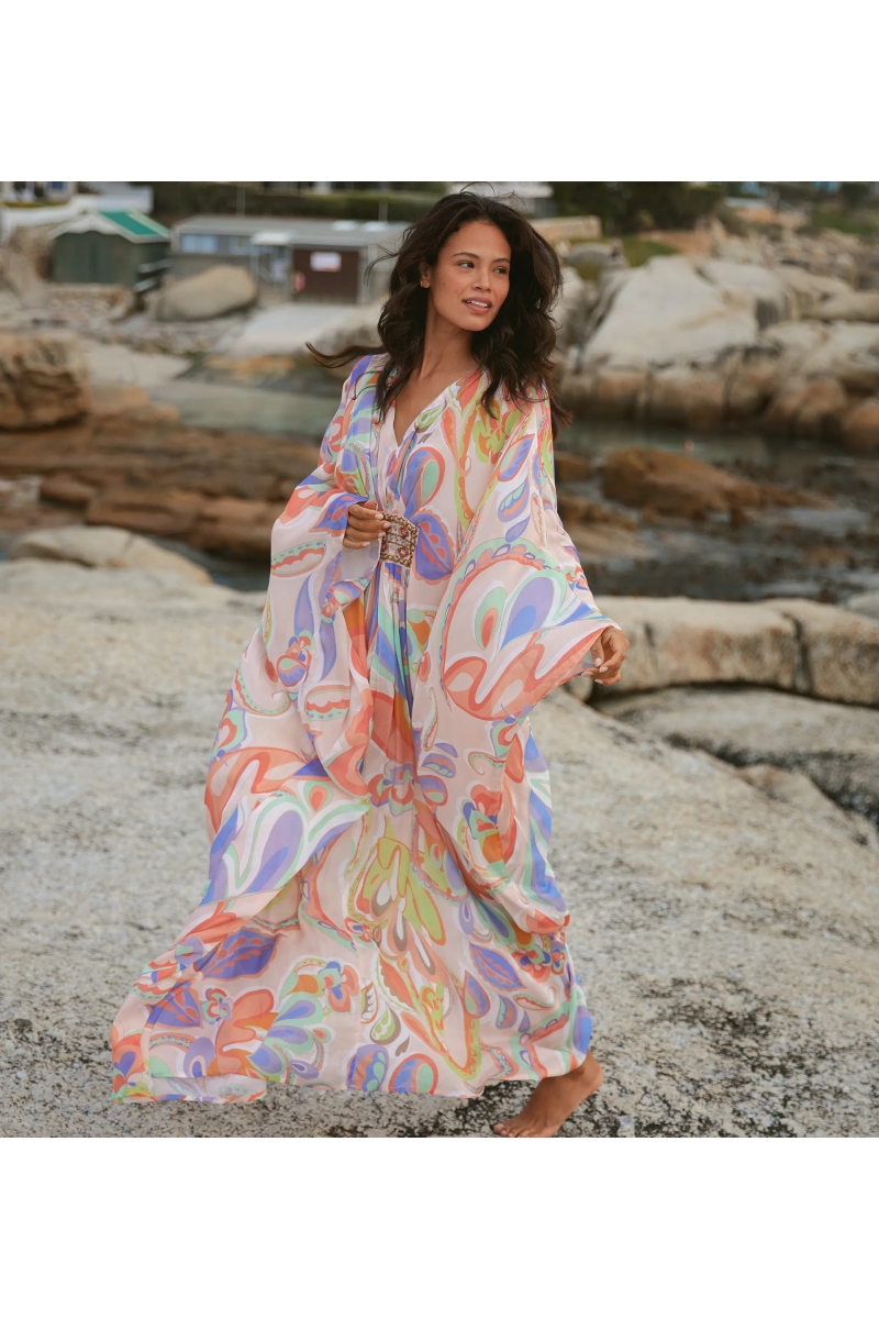 Caftan Varda – Caftan longo de mangas compridas com cinto interior, bordado 100% rayon – Miss June Paris