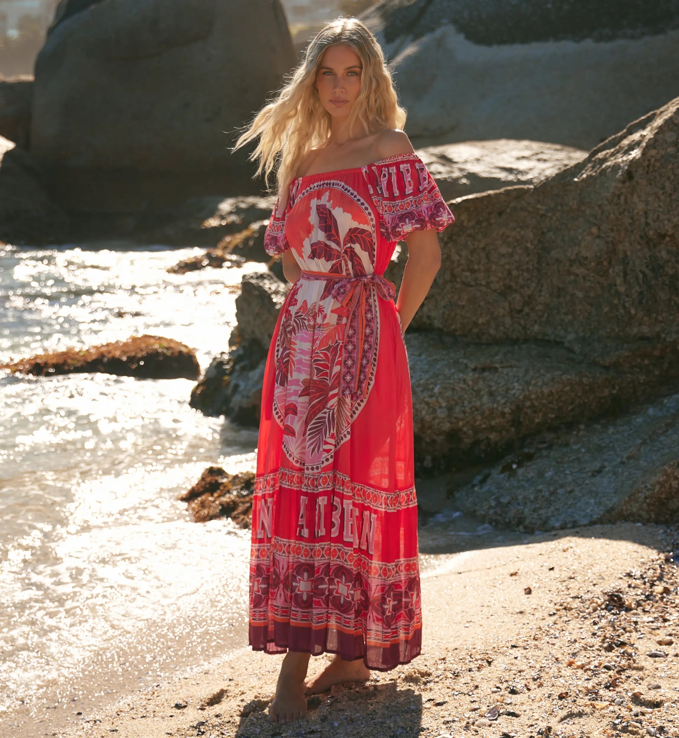 Miss June Paris — Vestido Longo Peony em Modal Vermelho Bardot