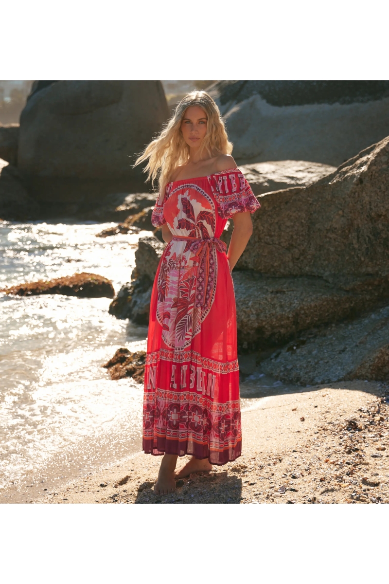 Miss June Paris — Vestido Longo Peony em Modal Vermelho Bardot