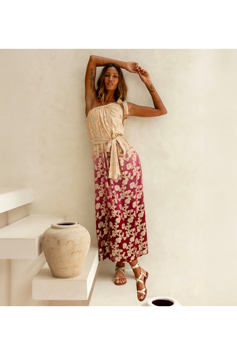 Euphoria Off Shoulder Dress Burgundy Gold | Miss June Paris