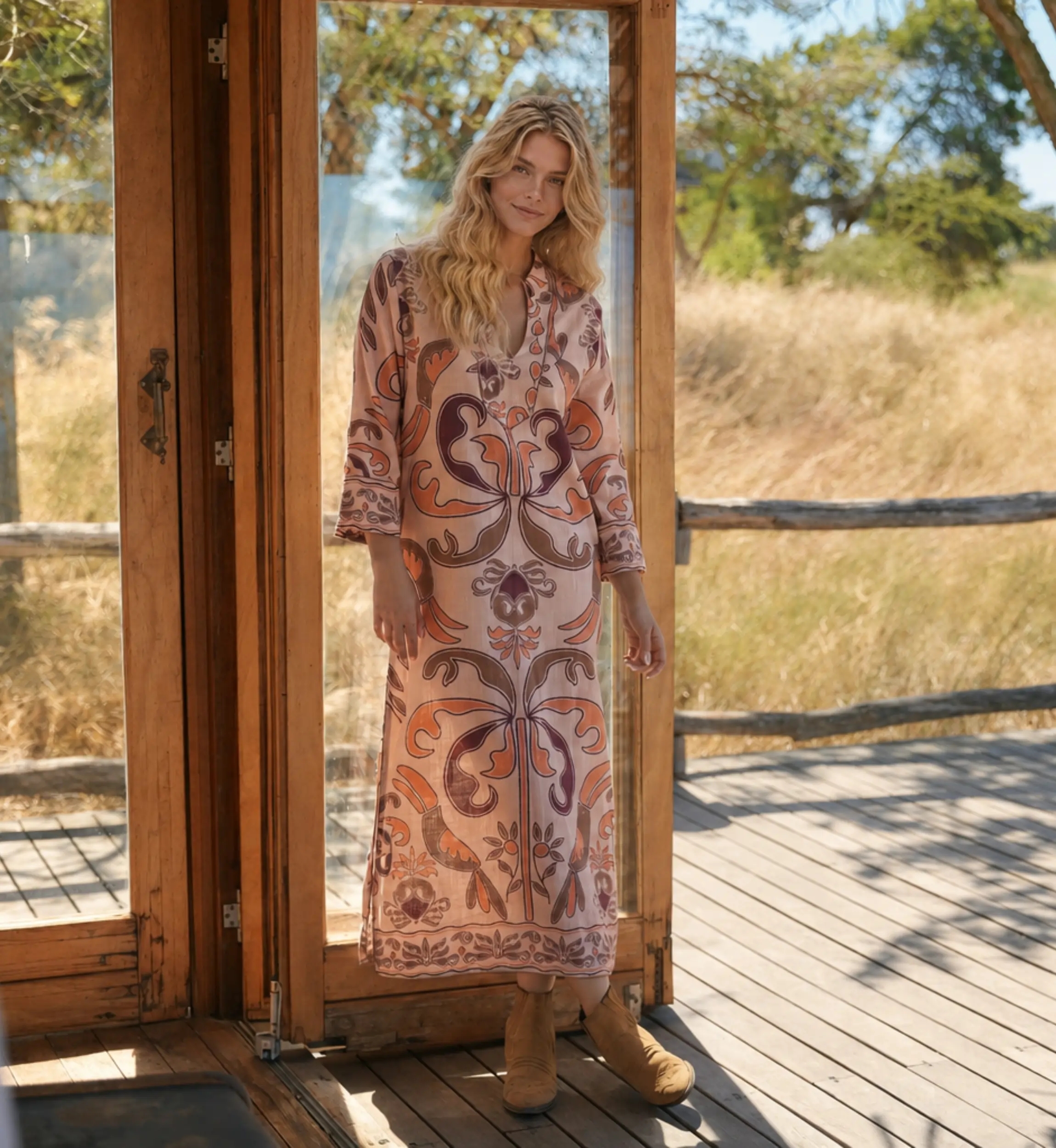 Vestido Longo Cruise Caqui - 100% Algodão Boho | Miss June Paris
