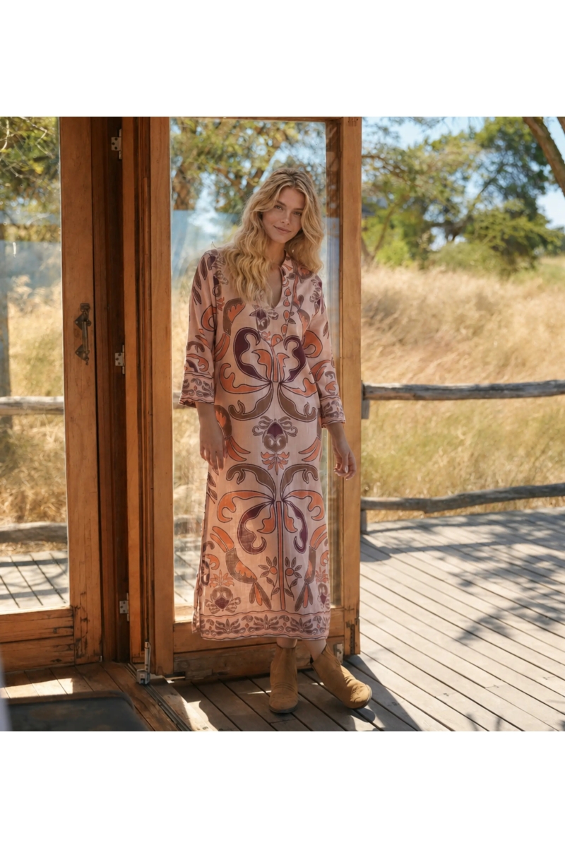 Long Cruise Dress Khaki - 100% Cotton Boho | Miss June Paris