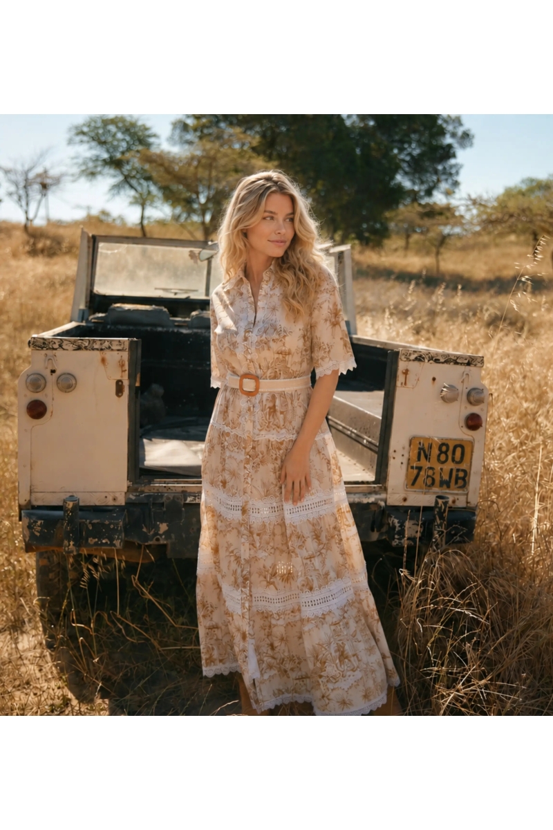 Vestido Comprido Aliza Bege - Algodão & Renda Boho Romântico | Miss June Paris