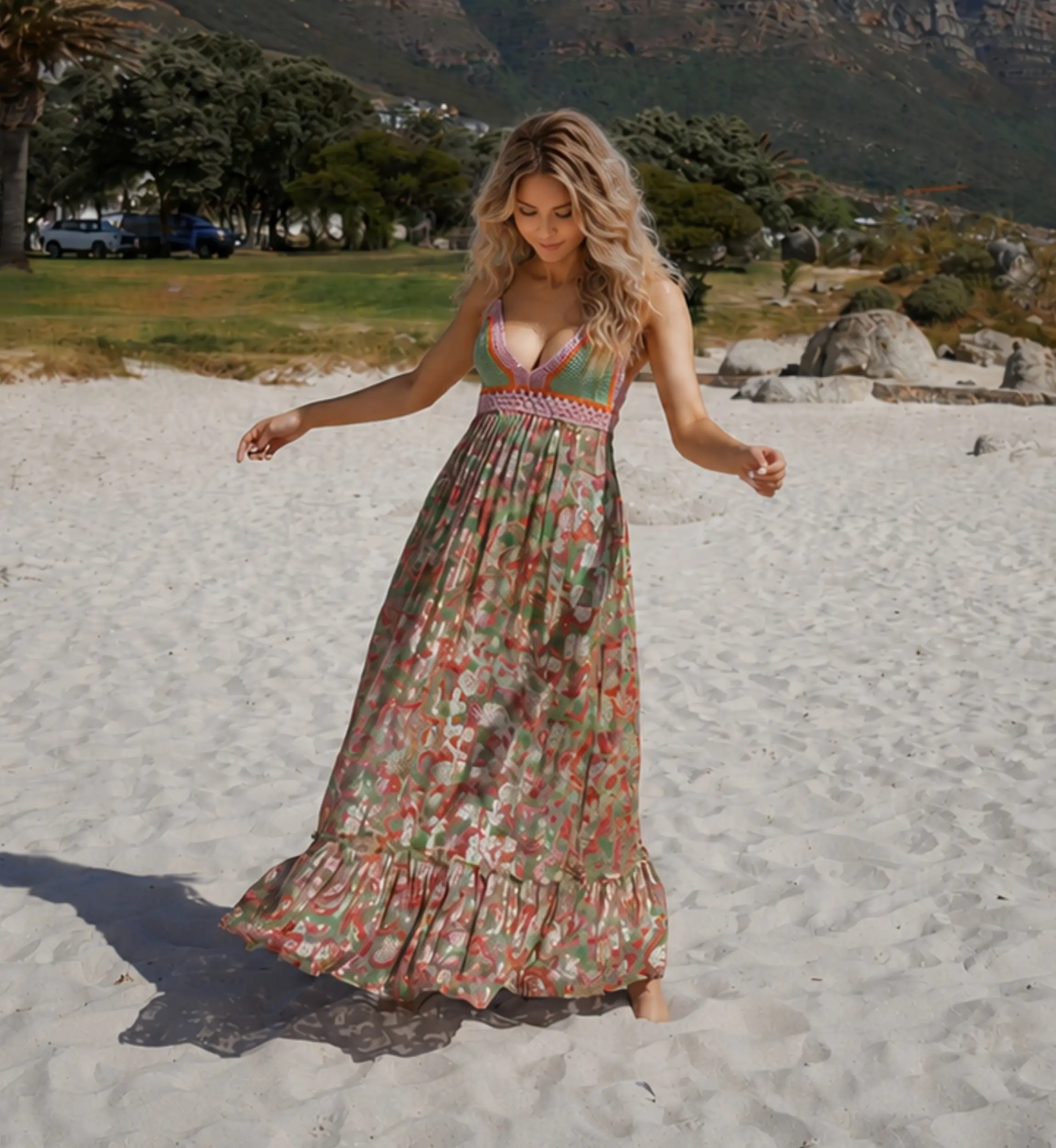Vestido Largo Bari - Crochet & Estampado Lurex | Miss June Paris