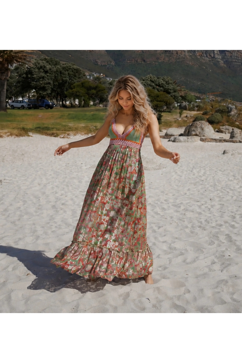 Bari Maxi Dress - Crochet Top & Lurex Print | Miss June Paris
