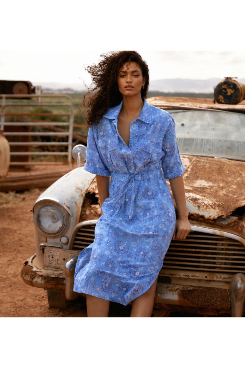 Vestido Longo Marlo - Algodão Mandala Azul | Miss June Paris