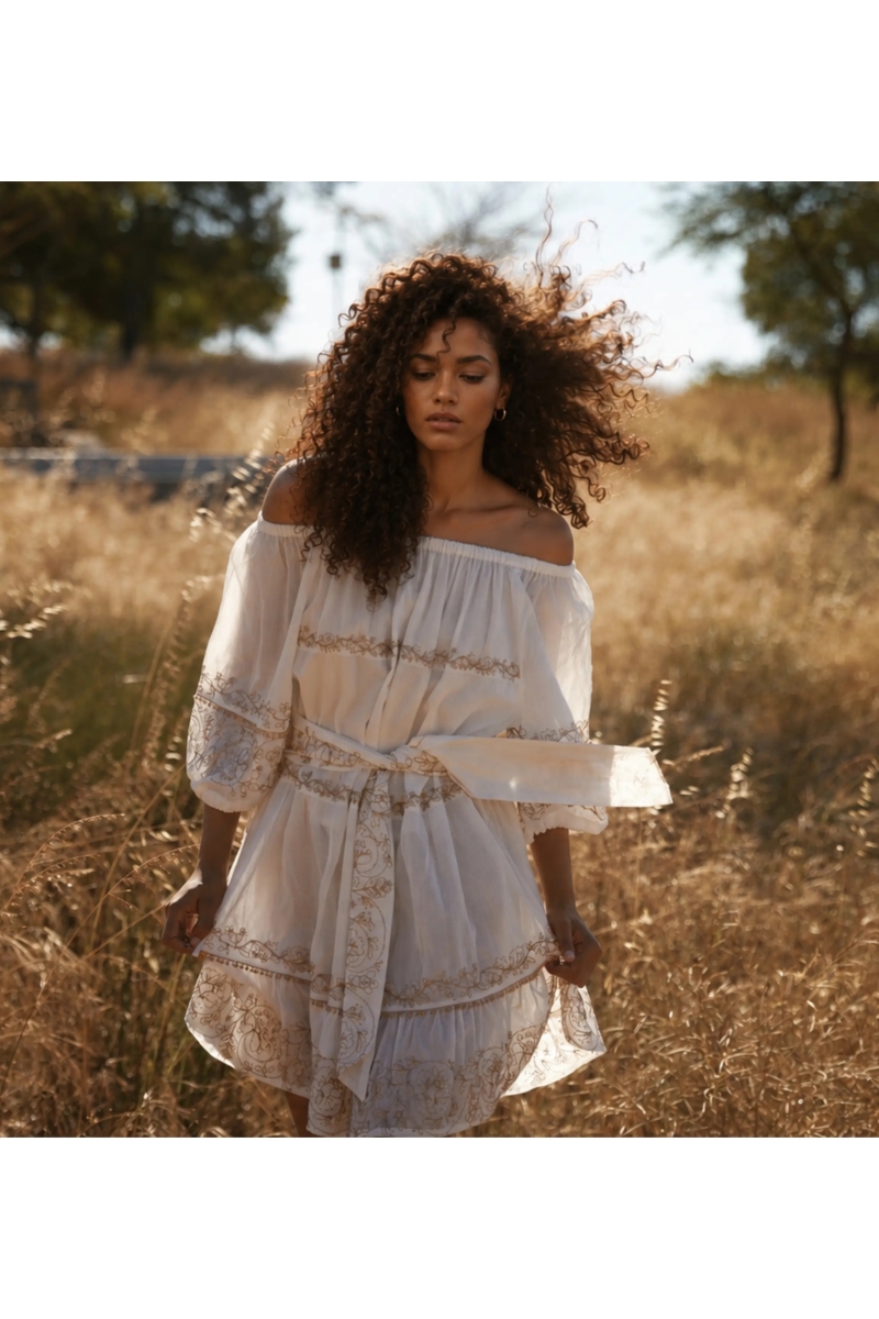 Short Dress Layla Embroidered - Bardot Off-White | Miss June Paris