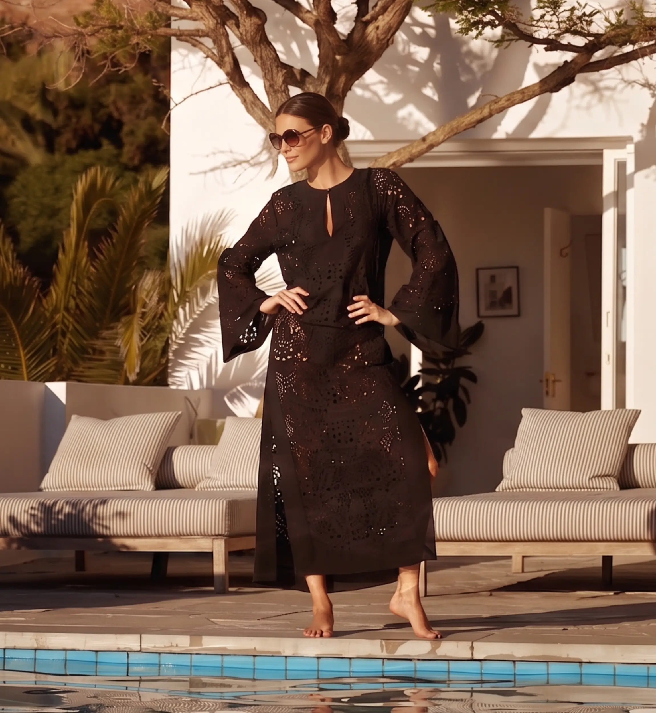 Penny Long Dress Black - Eyelet & Bell Sleeves | Miss June Paris