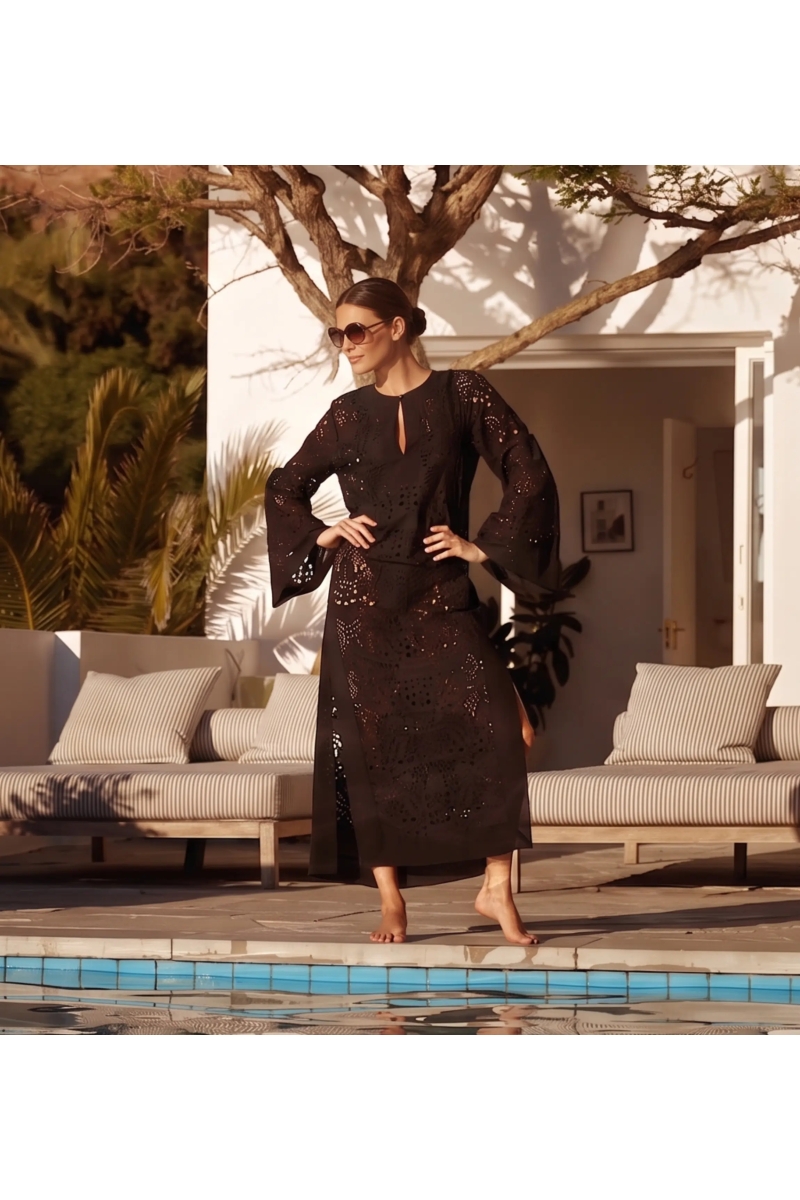 Vestido Longo Penny Preto - Bordado & Mangas | Miss June Paris