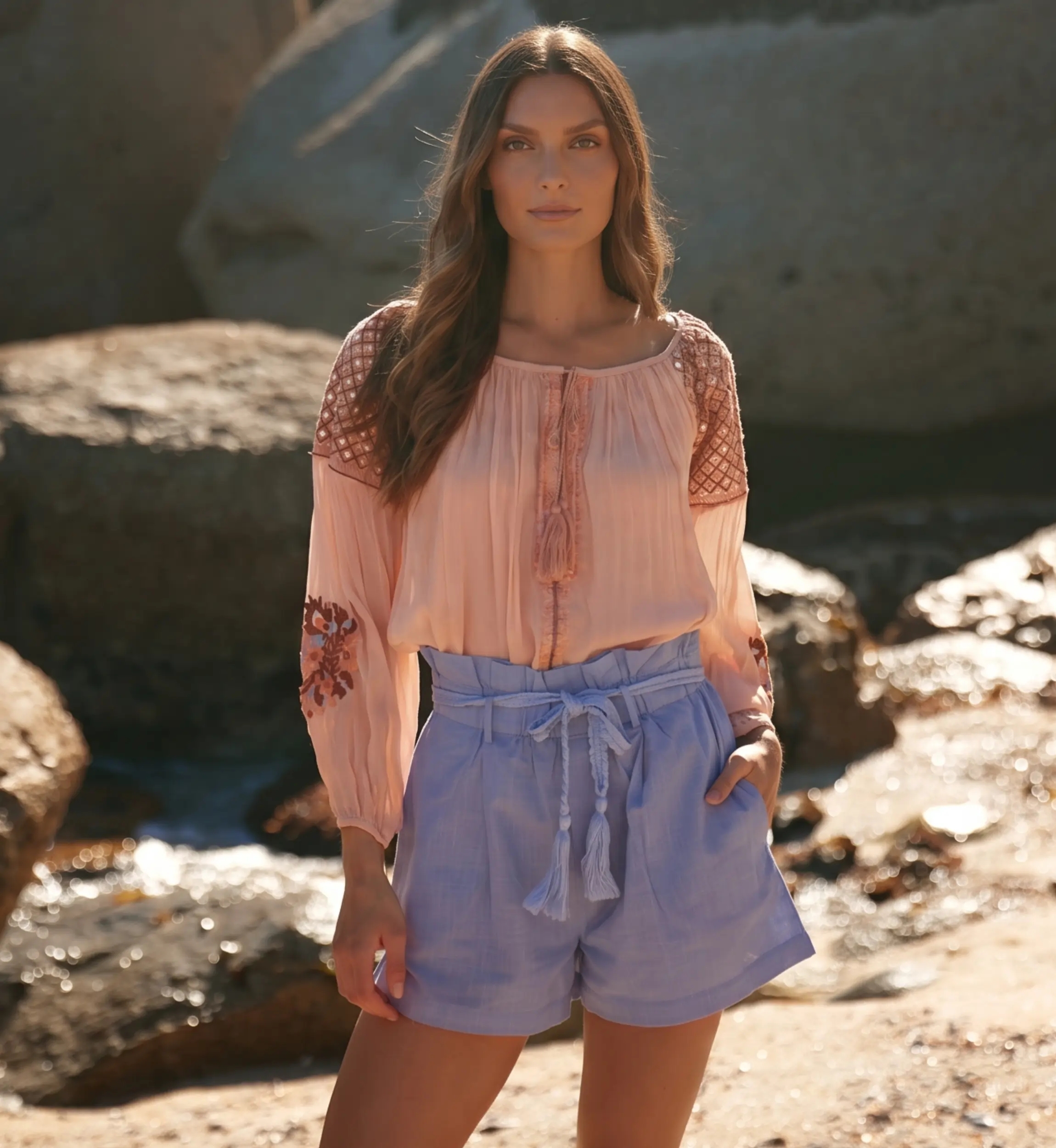 Luciana Cotton Blue Shorts - Pockets & Belt | Miss June Paris