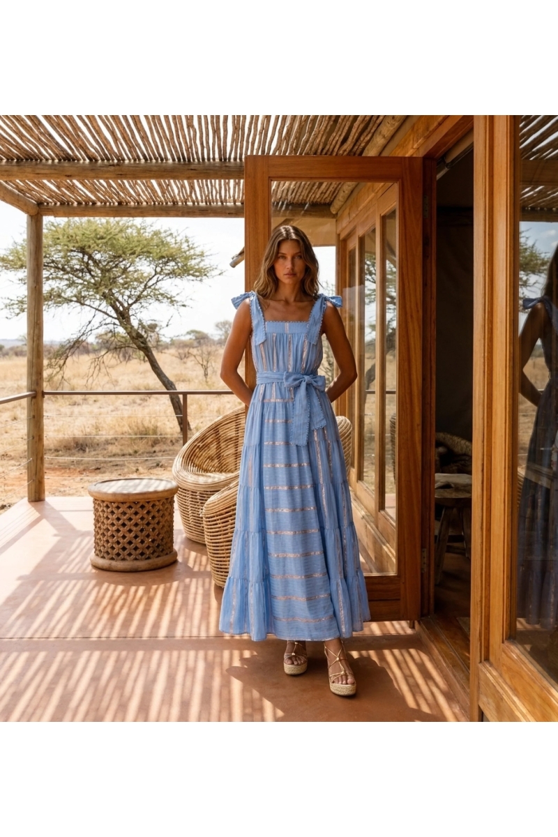 Miss June Paris, Vestido Longo Aly em Algodão Lurex Listado Azul