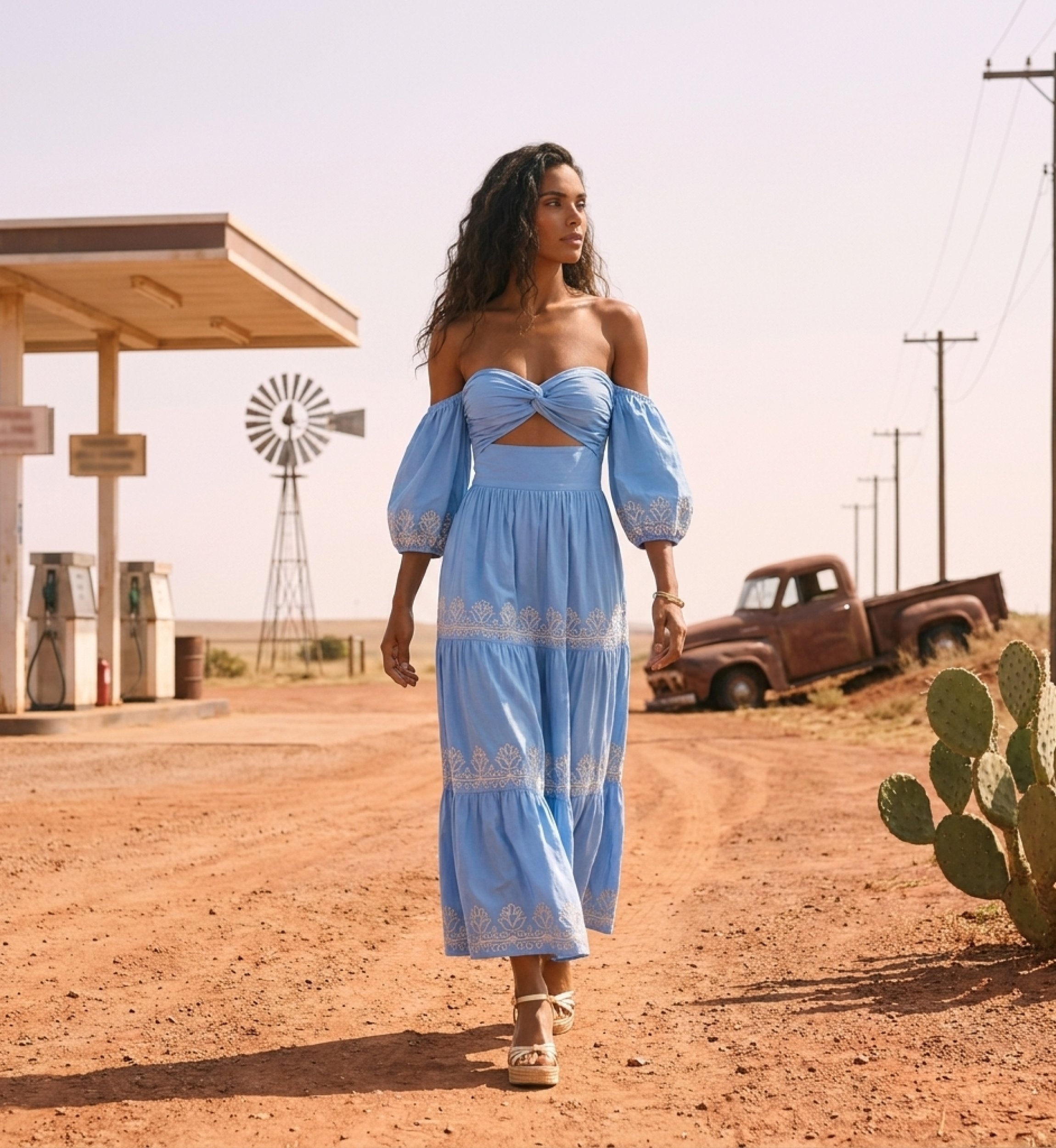 Long Dress Oxane Off-Shoulder in Embroidered Cotton