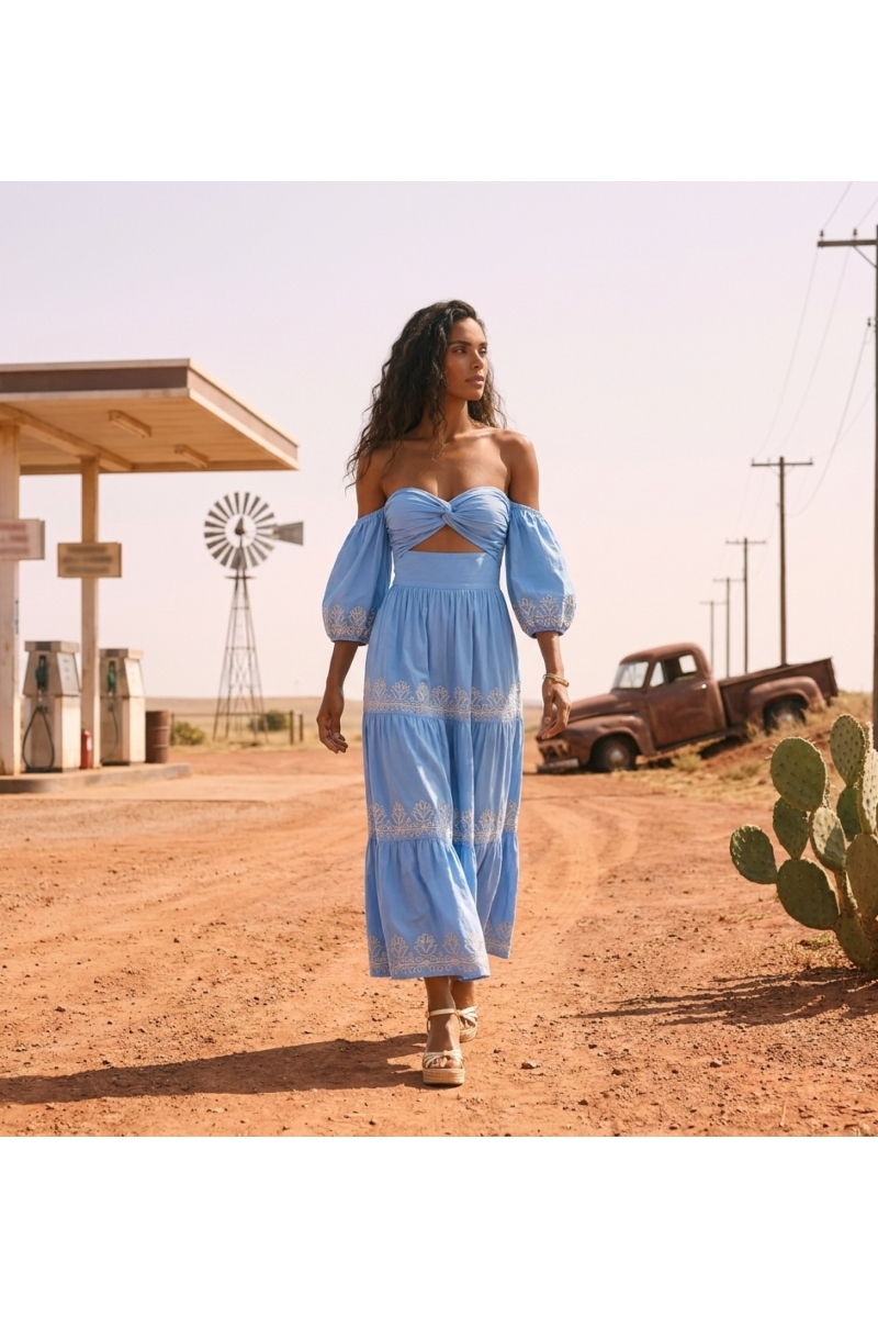 Long Dress Oxane Off-Shoulder in Embroidered Cotton