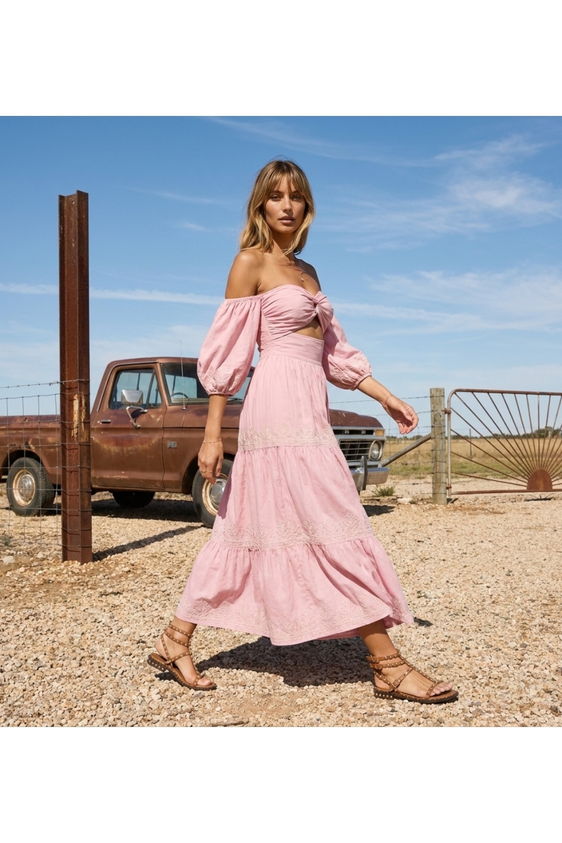 Vestido Longo Oxane Off-Shoulder em Algodão Bordado
