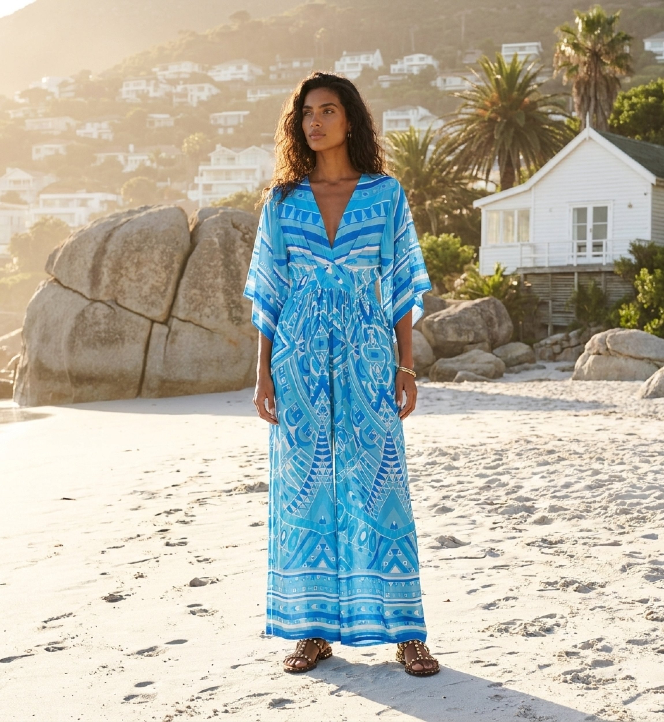 Mono largo azul para mujer, enterizo elegante de pantalón holgado, ideal para verano casual, vista completa.