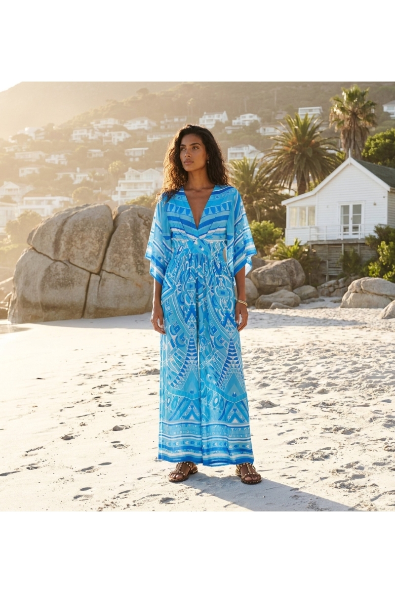 Macacão feminino azul, elegante macacão comprido com corte solto, ideal para verão casual, vista de corpo inteiro.