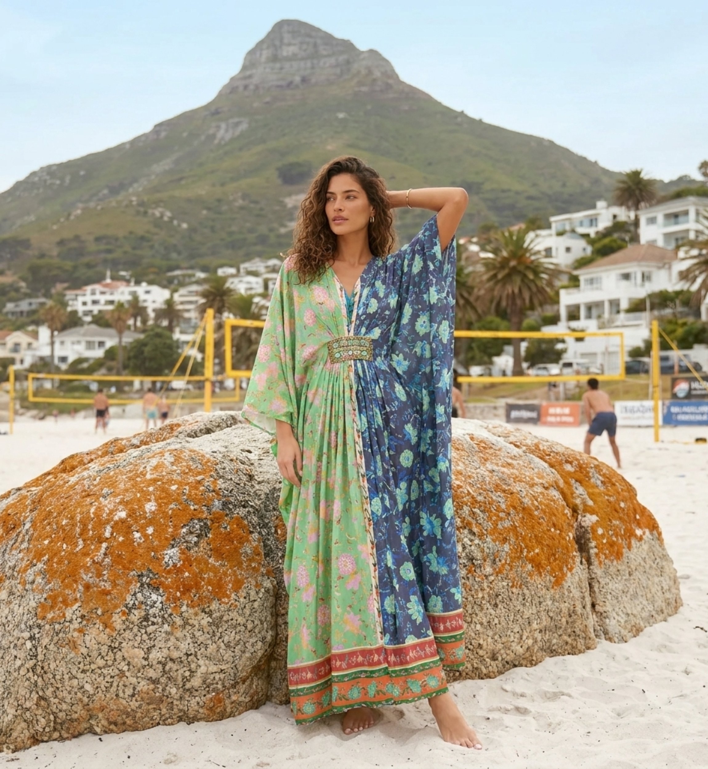 Full-length multicolored modal caftan with vibrant paisley print, perfect for beachwear or summer outings.