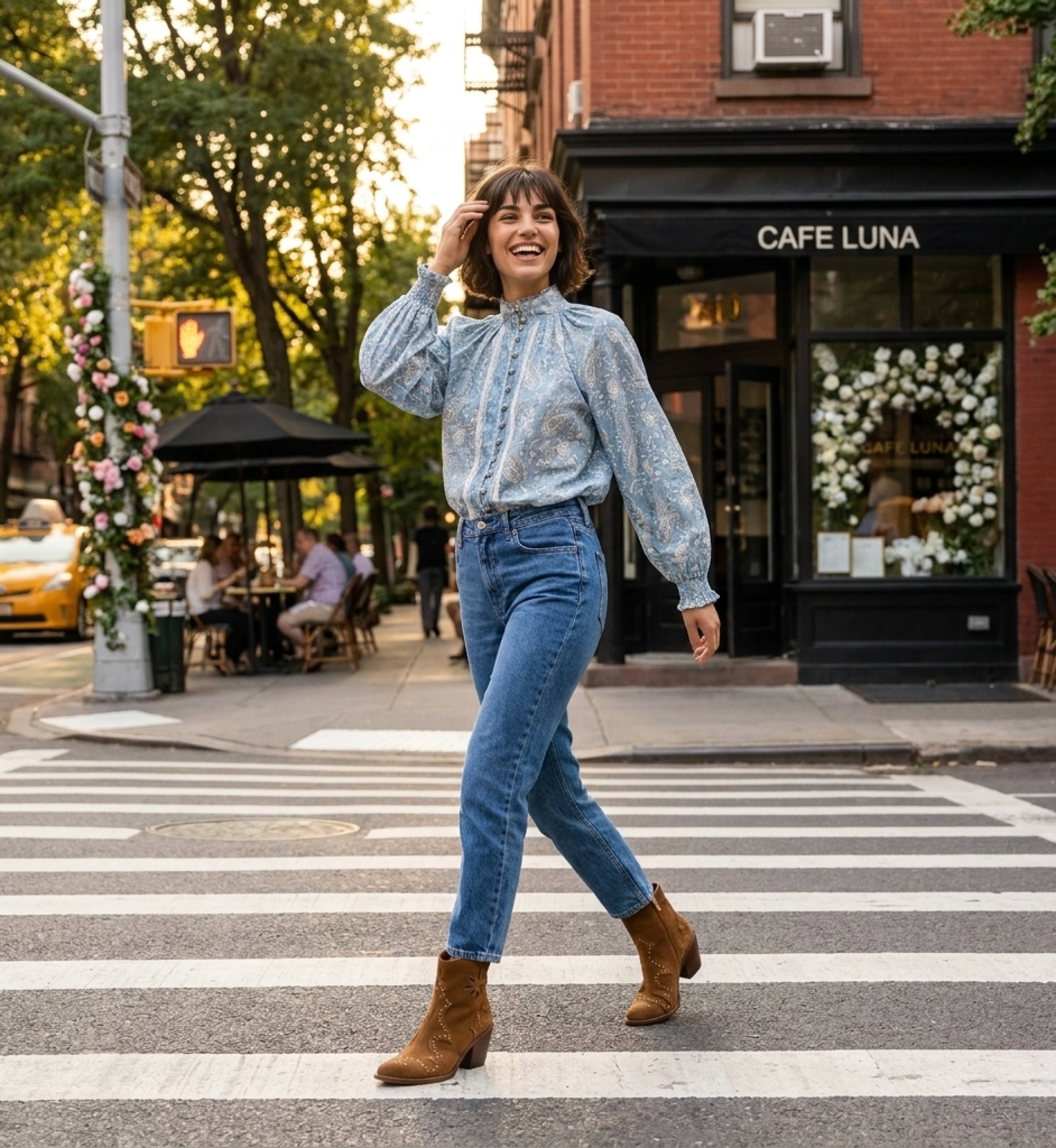 Elegant women's blouse, classic design, breathable fabric, styled for a sophisticated urban cafe or city street look.