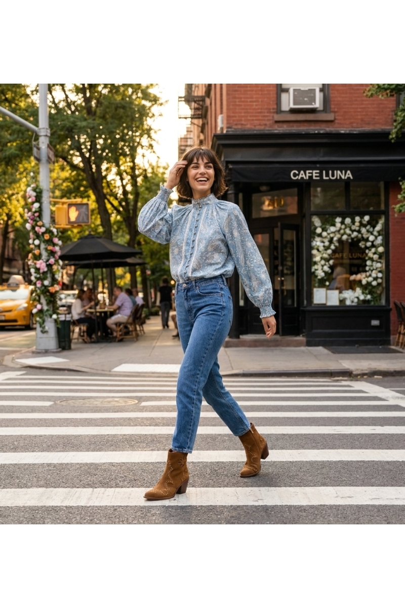 Blusa feminina elegante, corte clássico, tecido fluido, ideal para um visual urbano sofisticado ou passeio na cidade.
