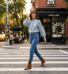 Blusa feminina elegante, corte clássico, tecido fluido, ideal para um visual urbano sofisticado ou passeio na cidade.