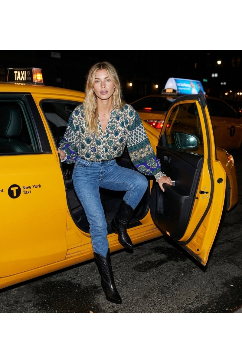 Elegant women's blouse, chic night out style, captured exiting a taxi with a dynamic flash effect in an urban setting.