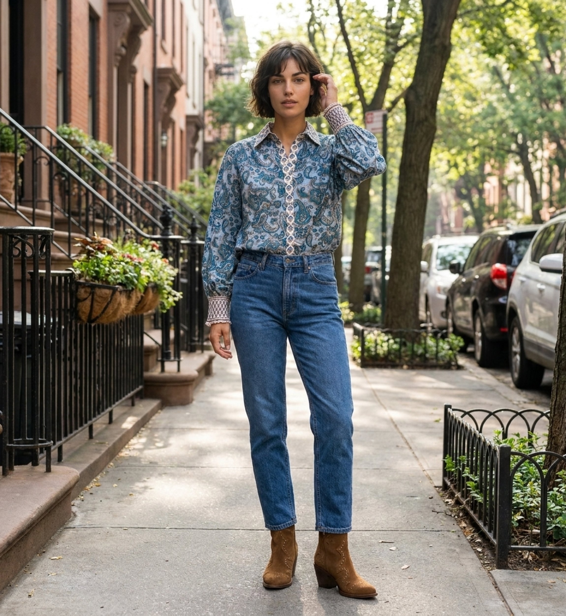 Stylish women's blouse, modern design, perfect for city outings, photographed on a vibrant urban sidewalk.
