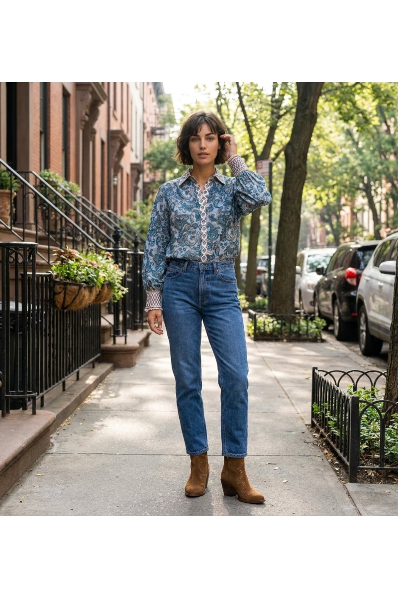 Blusa feminina elegante, design moderno, ideal para passeios urbanos, fotografada em uma calçada de cidade vibrante.
