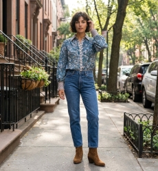 Stylish women's blouse, modern design, perfect for city outings, photographed on a vibrant urban sidewalk.