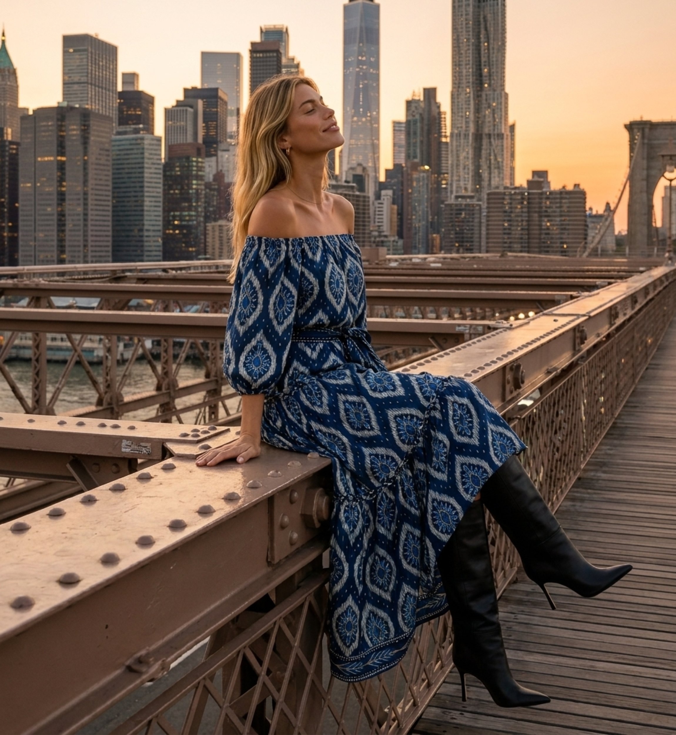 Navy blue off-shoulder tiered maxi dress with white ikat pattern, puffed sleeves, tie belt, worn by model at sunset.