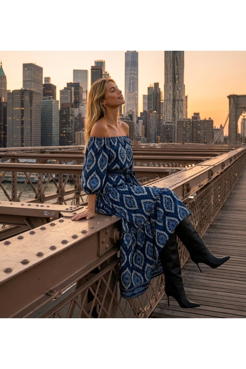 Vestido longo azul marinho ombro a ombro, estampa ikat branca, camadas, mangas bufantes, cinto, modelo ao pôr do sol.