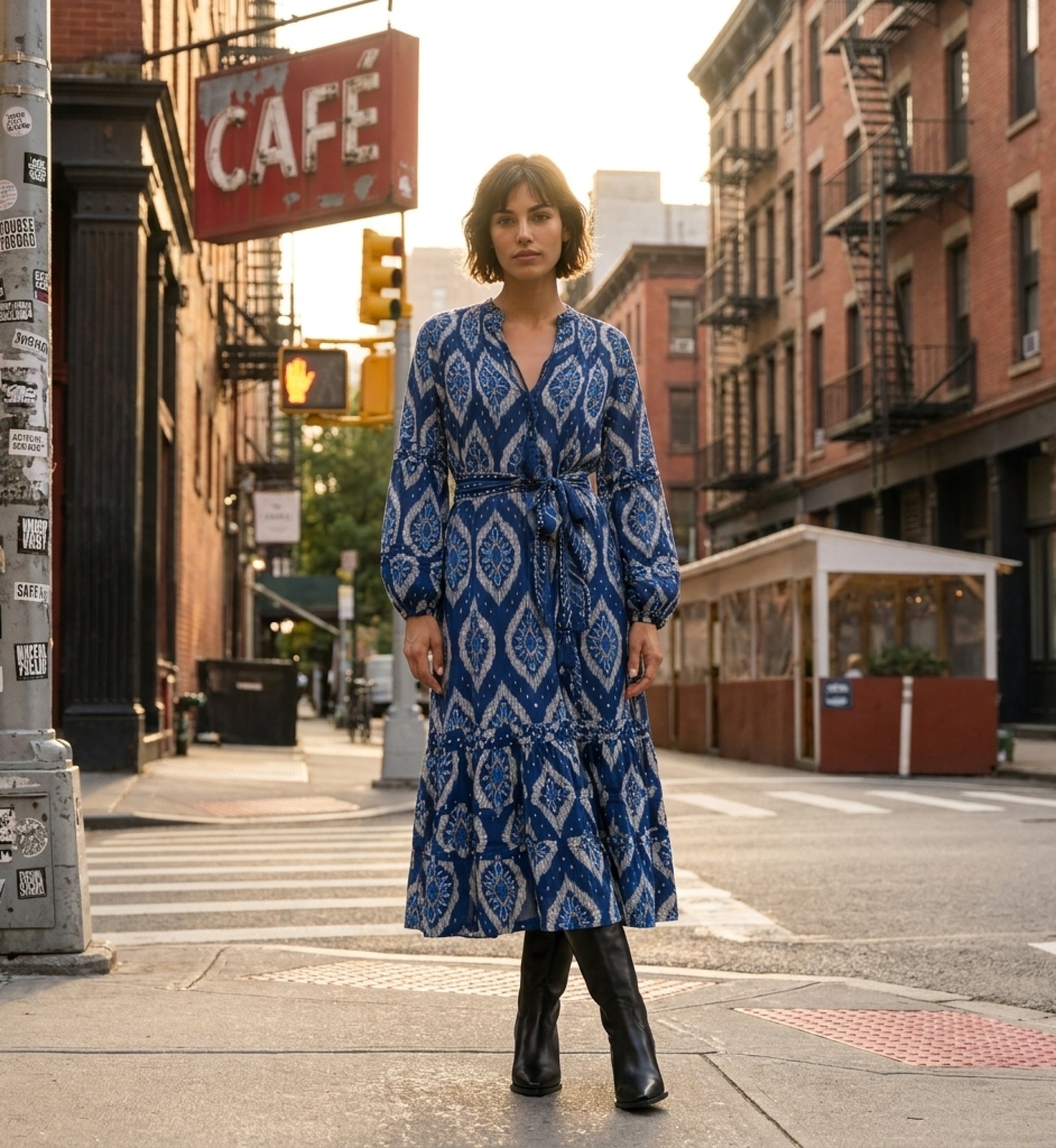 Vestido midi ikat azul y blanco, manga larga abullonada, falda escalonada, cinturón anudable, estilo urbano.