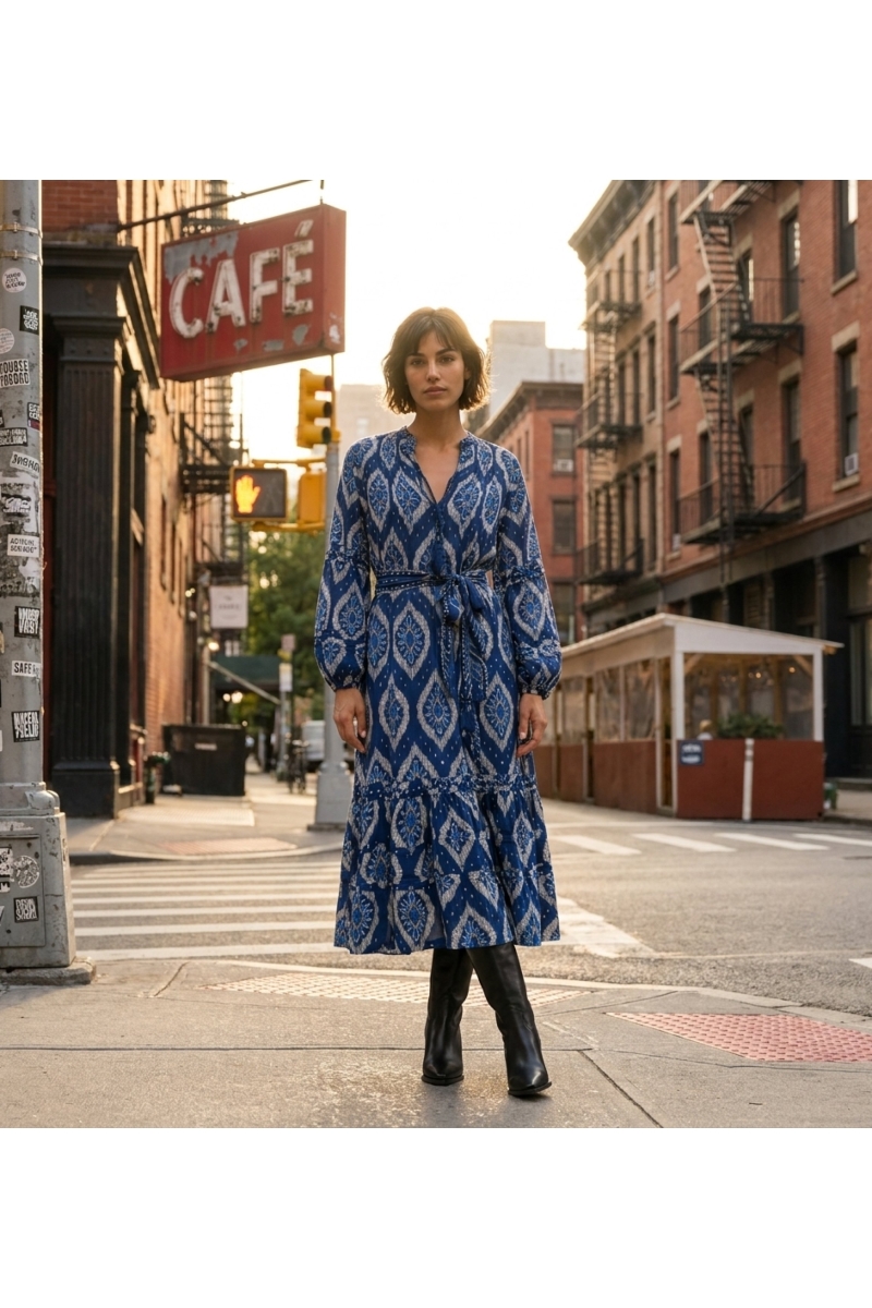 Blue and white ikat midi dress with long puff sleeves, tiered skirt, and tie belt, street style shot.