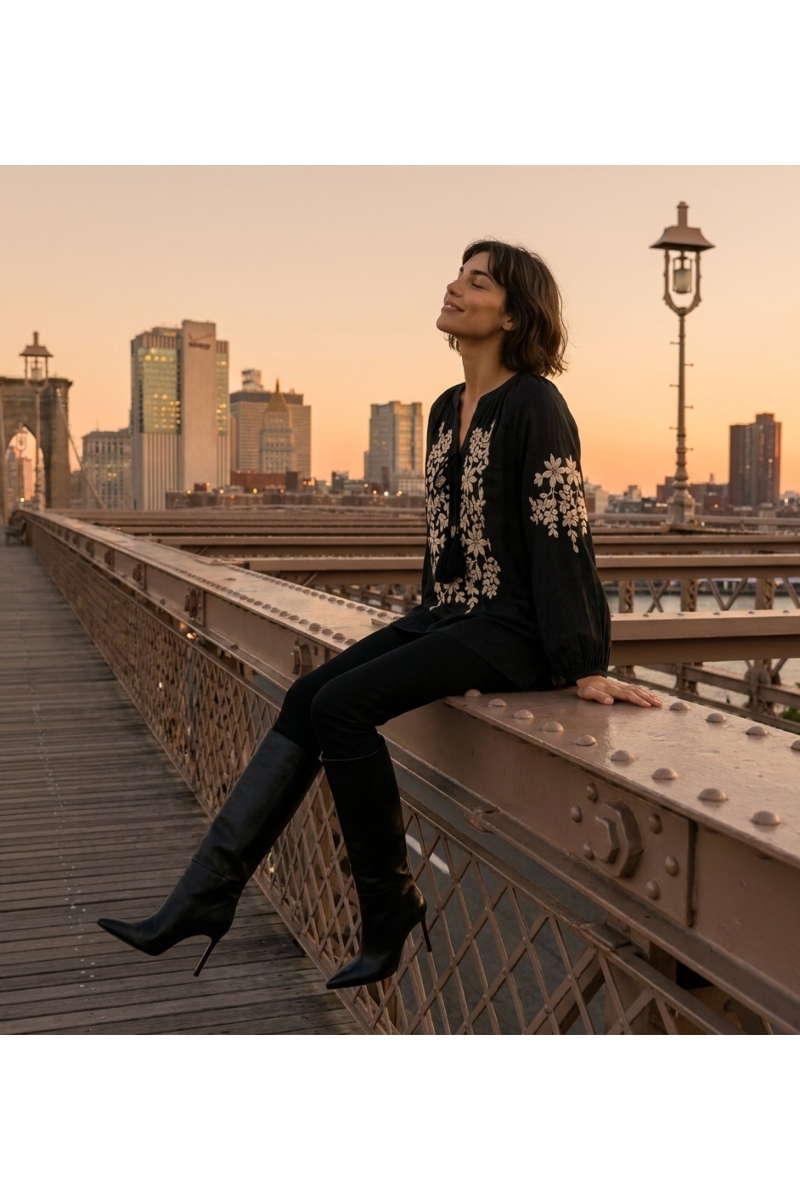 Black long-sleeve peasant blouse, v-neck tie, cream floral embroidery, linen-look, model seated at sunset.