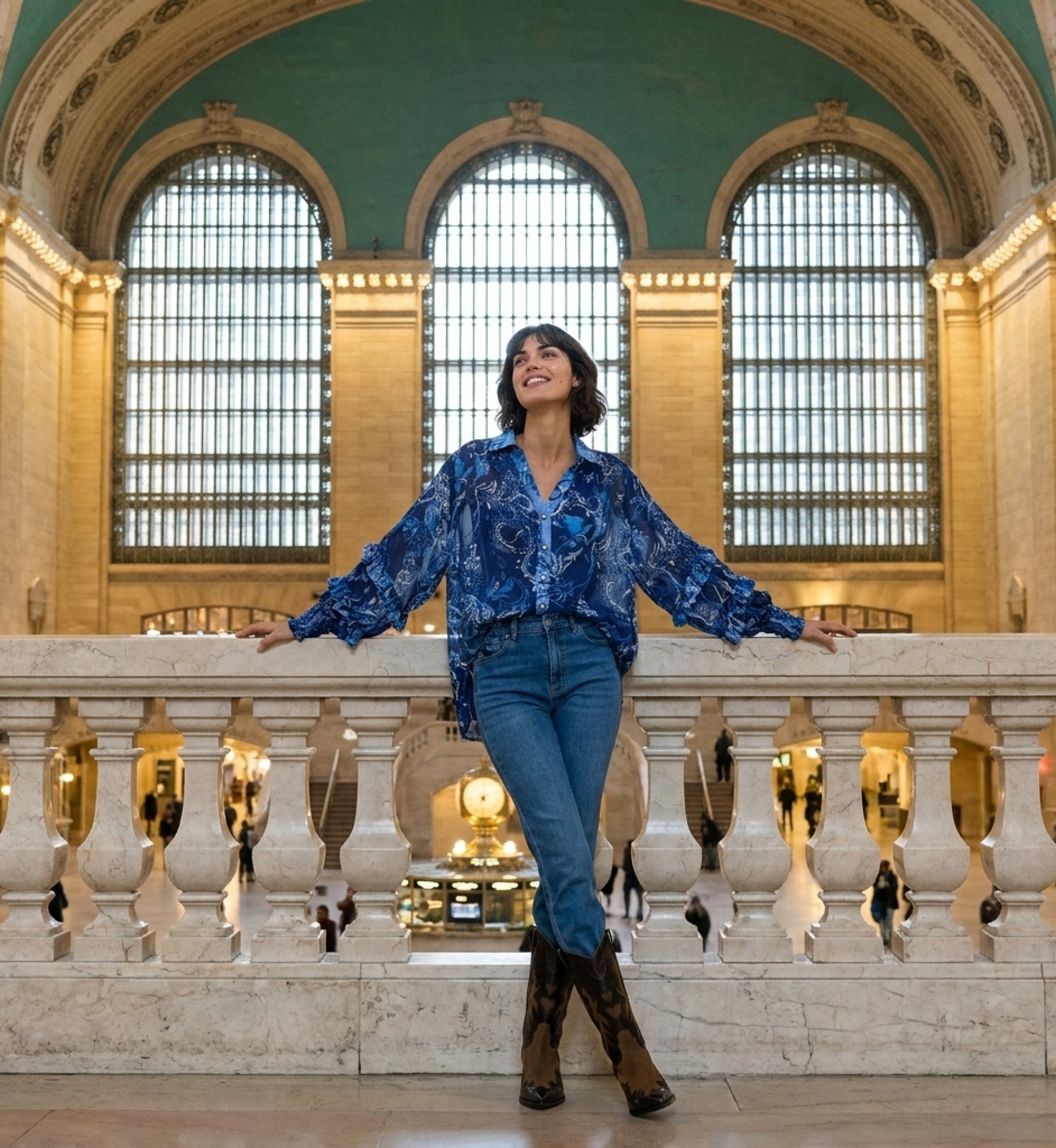 Blue sheer long-sleeve blouse with paisley floral pattern, ruffled cuffs, collared V-neck. Full view.