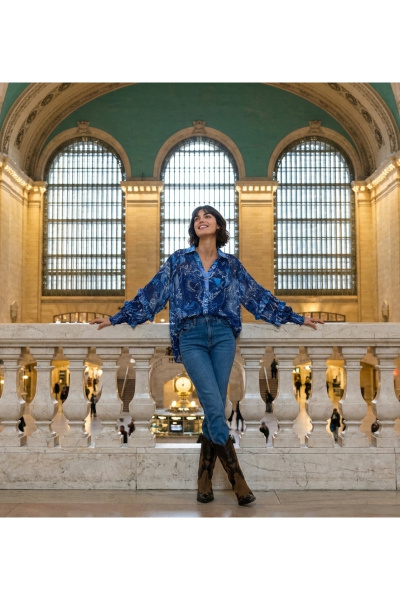Blue sheer long-sleeve blouse with paisley floral pattern, ruffled cuffs, collared V-neck. Full view.