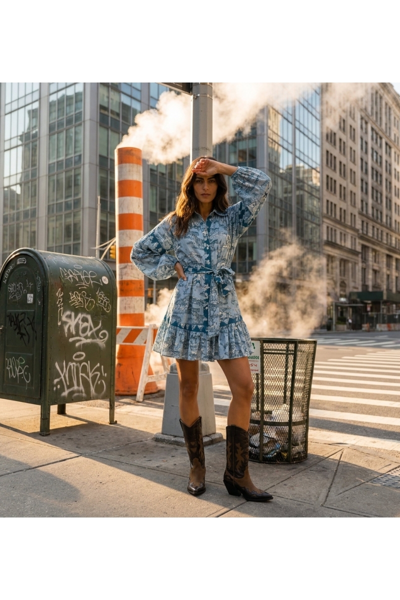 Light blue teal shirtdress with safari toile pattern, long balloon sleeves, collared, tie waist, ruffled hem.