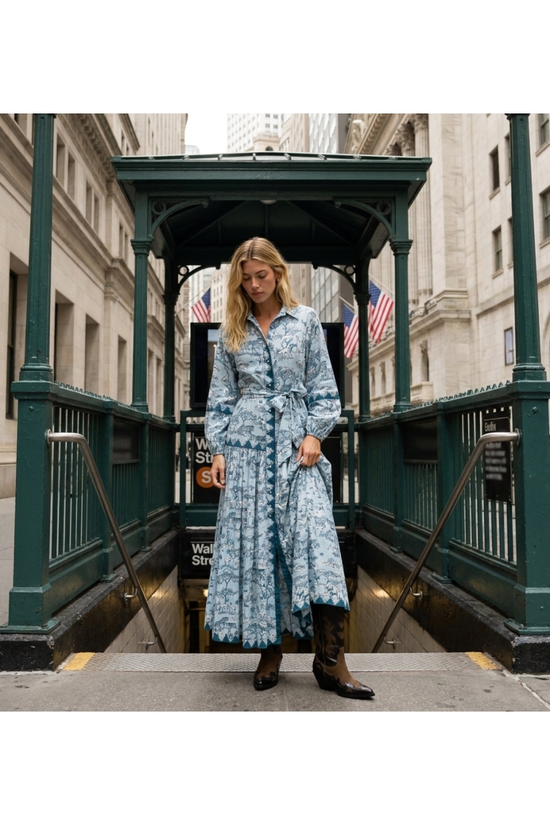 Light blue dark teal safari print long sleeve maxi shirt dress with collar, buttons, and tie belt.