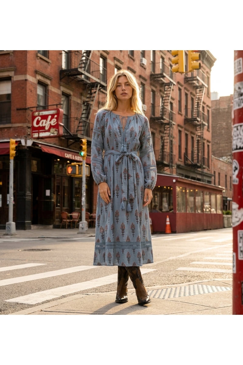 Vestido midi azul claro con estampado floral rojo y marrón, cuello V, mangas globo largas, cintura con lazo y borlas, vista urba
