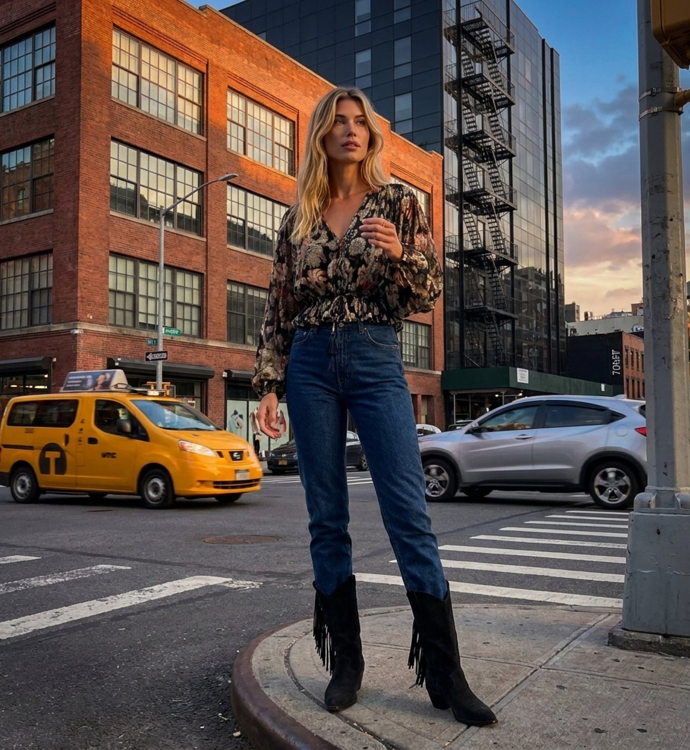 Navy blue sheer long-sleeve blouse with colorful floral gold leaf pattern, V-neck, and drawstring waist, outdoor shot.