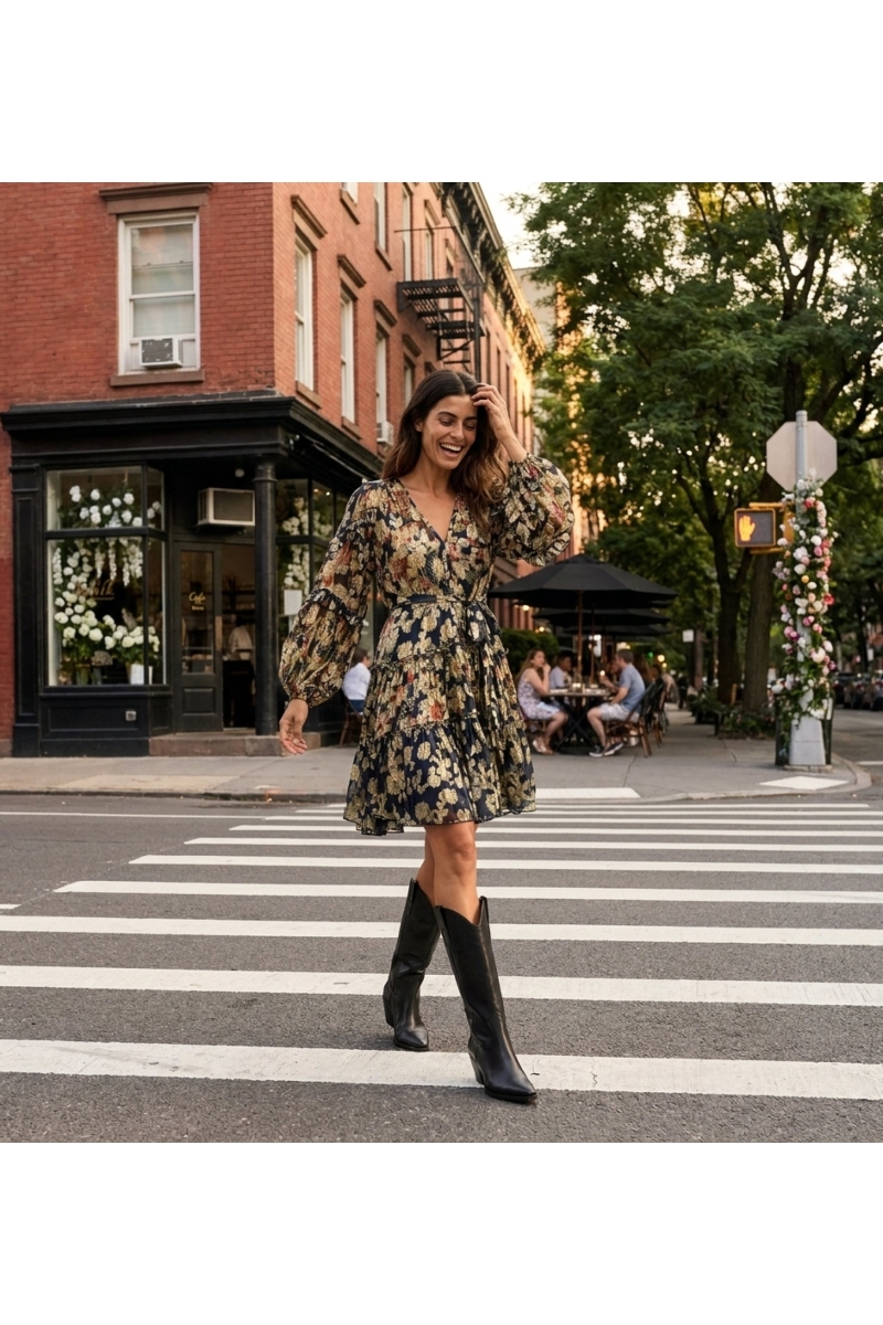 Vestido azul marinho floral, manga curta, decote V, saia em camadas, cintura amarrada, tecido leve, estilo urbano café.